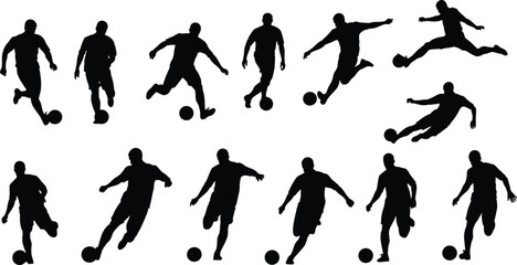 Soccer player silhouettes, football action poses, athlete kicking ball, sports vector design, running dribbling shooting, dynamic movement illustration, black silhouette art