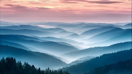 Obraz premium A serene panorama of layered mountain ranges veiled in a soft, pastel-toned mist, showcasing a breathtaking vista of nature's grandeur.