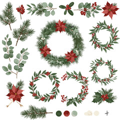 Beautiful Watercolor Christmas Wreaths and Garlands with Red Poinsettias and Greenery