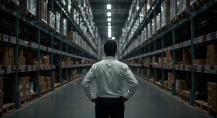 Man standing in warehouse aisle looking ahead