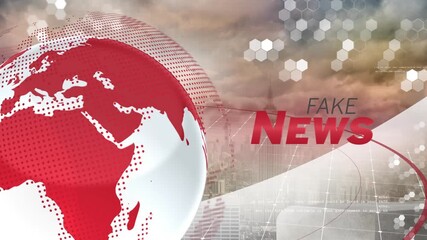 Animation of fake news and globe over cityscape - Powered by Adobe