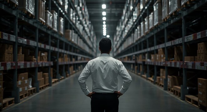 Man standing in warehouse aisle looking ahead