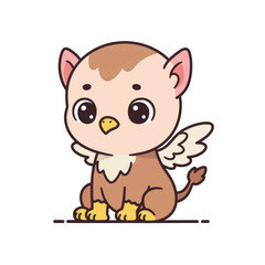 Charming cartoon baby griffin with large eyes a yellow beak and feline ears sitting patiently.