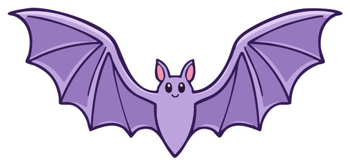 Cute Purple Bat with Wings Spread Wide, Adorable Cartoon Character
