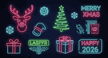 Neon Christmas and New Year Holidays Celebration Decorations and Icons