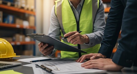Warehouse worker reviewing documents with colleague