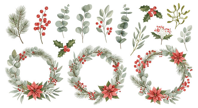 Festive Winter Holiday Wreaths and Botanicals Collection for Christmas and New Year Decorations