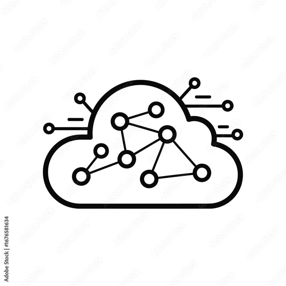 Poster cloud computing: an innovative illustration of a cloud interconnected with nodes and lines, symboliz