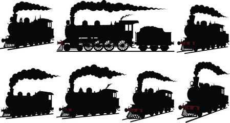 Steam train silhouette, vintage locomotive vector, retro railway engine illustration, old transport graphic, industrial machine artwork, railroad travel design, classic train icon © MstMuktarinaAkter