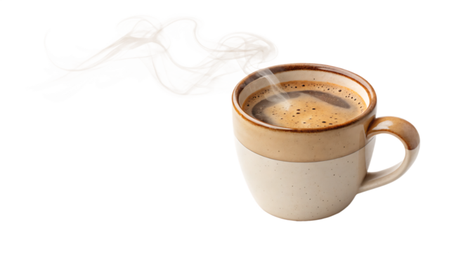 Ceramic coffee mug with steam rising transparent background