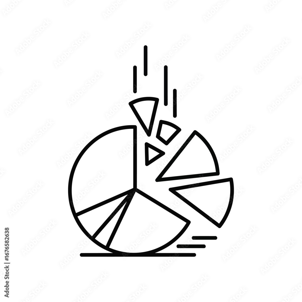 Poster pie chart collapse: a simple line drawing depicts a pie chart breaking apart, symbolizing data analy