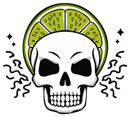 Fototapeta premium Stylized cartoon skull with a sour lime slice halo and sparkles vector illustration