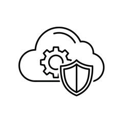 Cloud Security Icon: A clean and contemporary line drawing showcasing a cloud, cogwheel, and shield icon representing the concept of secure cloud computing and data protection.