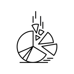 Pie Chart Collapse: A simple line drawing depicts a pie chart breaking apart, symbolizing data analysis and information fragmentation, highlighting economic instability and market decline.