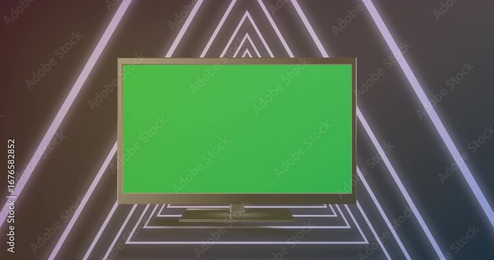 Aufkleber animation of digital television with green blank screen and looping illuminated triangular tunnel