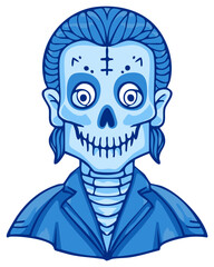Fototapeta premium Cartoon skeleton figure in a blue suit and styled hair with Dia de los Muertos face paint