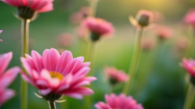 Many beautiful pink flowers. Summer day in an incredibly beautiful flowering garden.