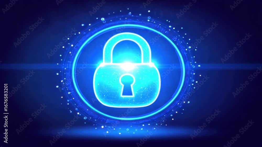 Poster a glowing lock symbol with digital particles, representing data security and online protection in a 