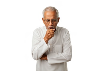 Senior man coughing sickness flu cold virus respiratory problem health issue medical condition isolated on transparent background