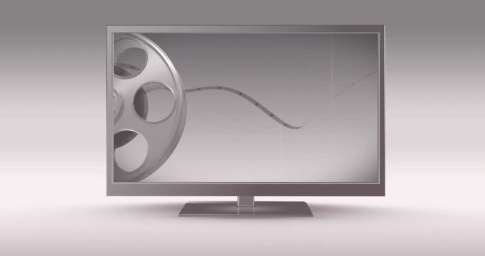 Animation of television set with film strip rolling against white background