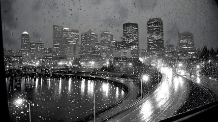 Fototapeta premium A view of a city skyline at night, through a window covered in rain.