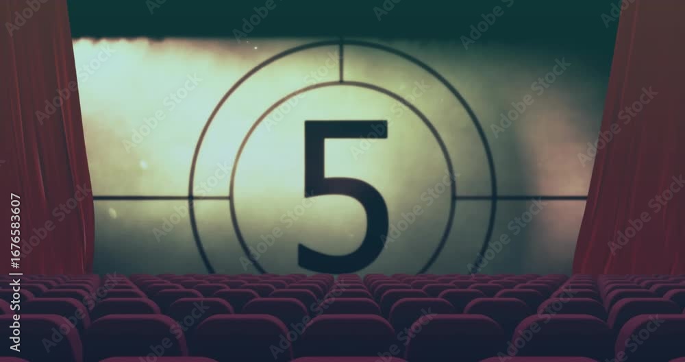 Poster animation of circle with retro movie countdown in empty cinema theater with red chairs and curtains