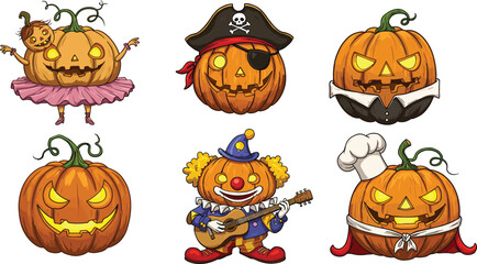 Cartoon Halloween pumpkins dressed as ballerina, pirate, clown, chef, jack-o’-lantern, tuxedo, festive character illustration set for spooky celebration