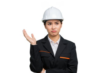 Confused asian female engineer in hard hat shrugging with questioning expression, wearing business suit isolated on transparent background