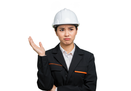 Confused asian female engineer in hard hat shrugging with questioning expression, wearing business suit isolated on transparent background