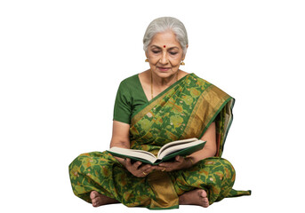 Senior indian woman reading book sitting cross-legged in saree isolated portrait png graphic resource isolated on transparent background