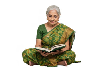 Senior indian woman reading book sitting cross-legged in saree isolated portrait png graphic resource isolated on transparent background