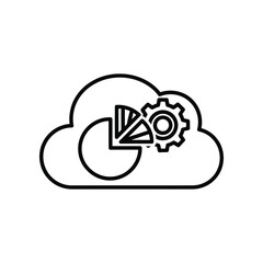 Cloud Computing Icon: A minimalist icon of cloud computing featuring a cloud encompassing gear, chart, symbolizing data storage, processing, and analysis, rendered in clean, monochrome lines