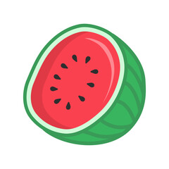 Vibrant cartoon illustration of a cut watermelon half. Juicy red fruit with black seeds and green striped rind, perfect as a summer food icon or graphic element