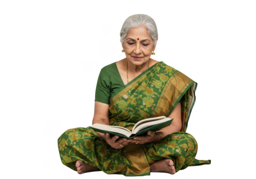 Senior indian woman reading book sitting cross-legged in saree isolated portrait png graphic resource isolated on transparent background