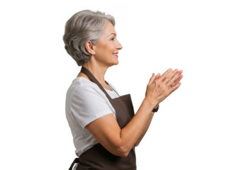 Mature woman clapping hands, applauding performance, cheering success, wearing apron, side view, png image, isolated on transparent background
