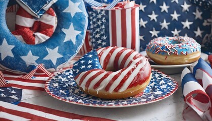Fototapeta premium Festive Patriotic Donuts with Red, White, and Blue Decorations
