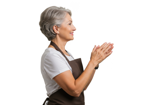 Mature woman clapping hands, applauding performance, cheering success, wearing apron, side view, png image, isolated on transparent background