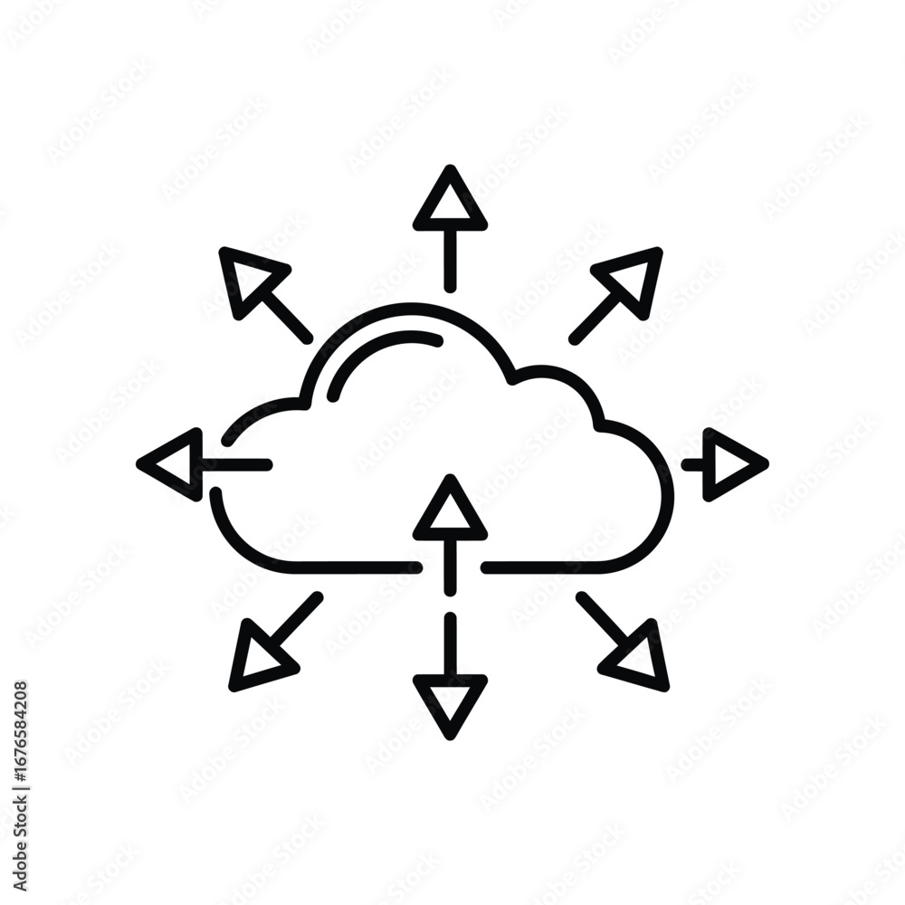 Poster cloud data transmission: a minimalist vector illustration depicts a cloud-shaped icon surrounded by 