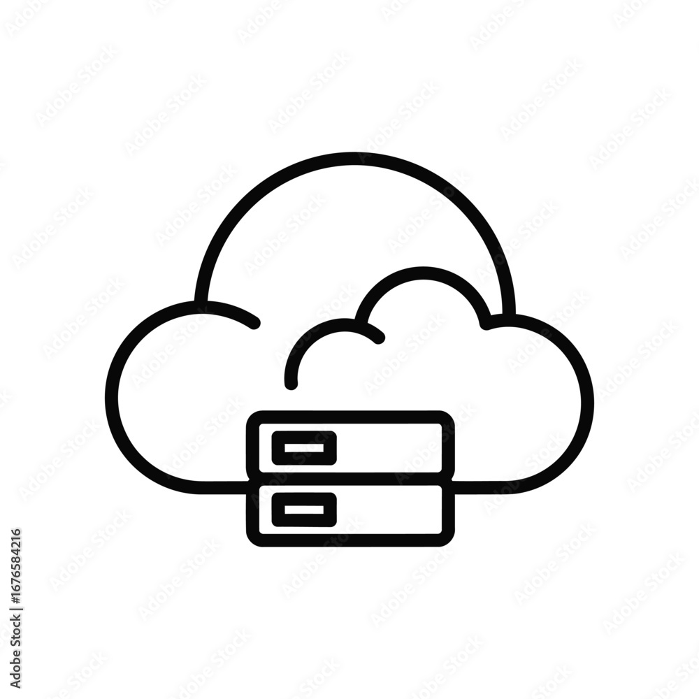 Poster cloud server icon: simple outlined illustration of a cloud with a server, representing a digital dat