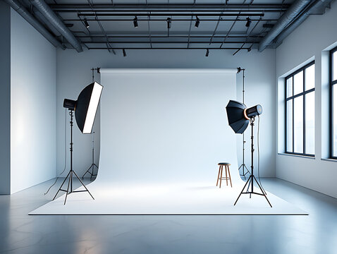 A well-equipped modern photography studio set up with professional lighting equipment and a white backdrop prepared for a creative session