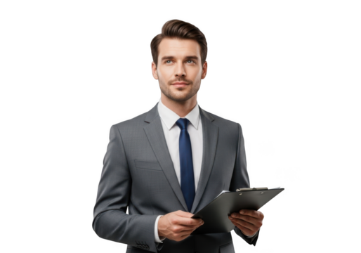 Professional businessman holding clipboard looking upward in gray suit png stock photo image isolated on transparent background - Powered by Adobe