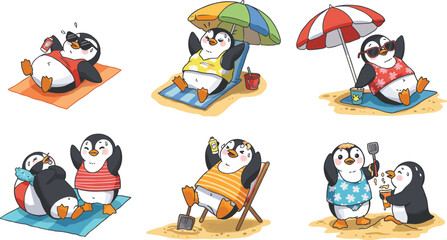 Cartoon penguins enjoying summer beach activities, grilling food, relaxing under umbrellas, wearing swimsuits, playful vacation scenes, tropical holiday illustration set