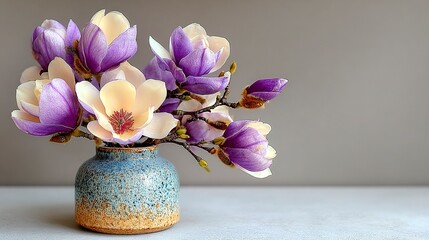 Obraz premium Zen-Inspired Minimalist Floral Arrangement Featuring a Single Spring Flower in a Simple Ceramic Vase, Clean Background 