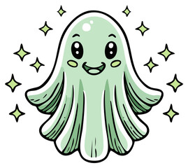 Cute happy ghost character with sparkling stars and light green color