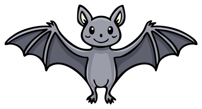 Cute cartoon gray bat with open wings smiling cheerfully