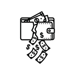 Wallet with Money Falling Out: A bold graphic, showcasing the financial concept of spending, depicted with a wallet and paper currency, conveys the notion of depletion, loss, or careless expenditure.