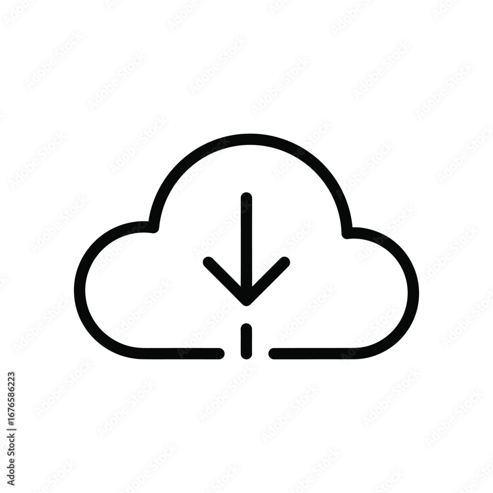 Poster cloud download icon: an iconic cloud with a downward arrow, representing data downloading. a simple 