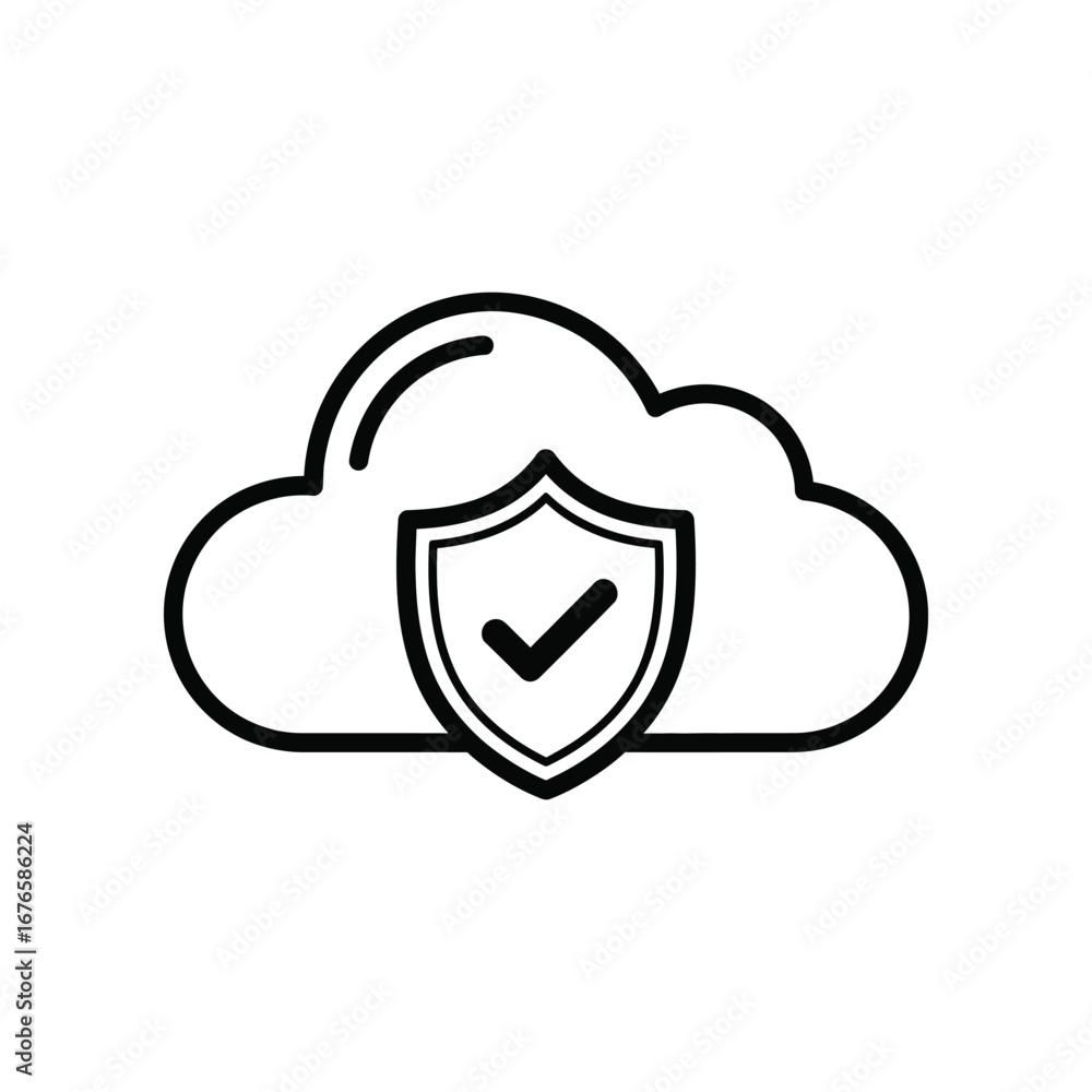 Poster cloud security shield: a crisp, minimalist icon depicts a secure cloud computing concept, where a ch