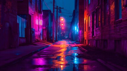 A vibrant, neon-lit alleyway at night, reflecting vibrant hues in puddles, creating a captivating urban scene under a dark sky.
