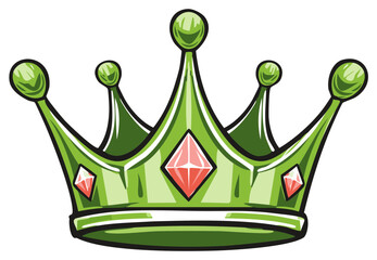 Stylized green crown with pink gemstones, vector illustration.
